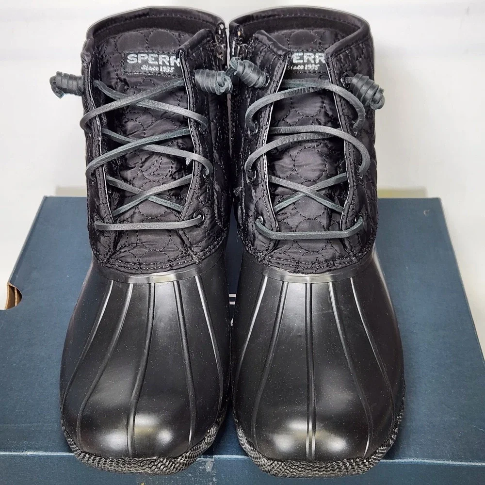 Sperry Saltwater Duck Boots Womens Size 10 Wide Black Quilted Nylon STS88944